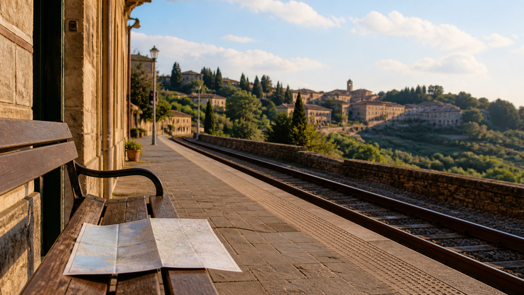 toskanische Bahnstrecke, Hügelorte und warmes Licht zwischen Florenz, Siena und Pisa mit Fokus auf Orientierung und ruhige Planung.