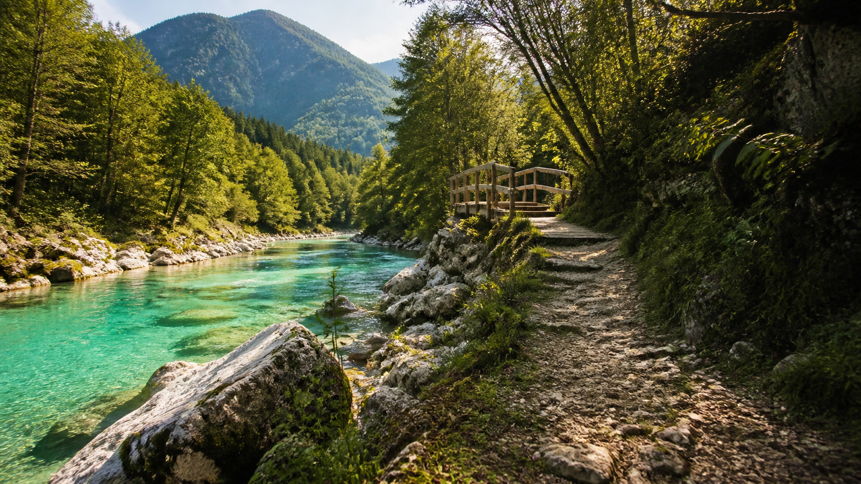 türkisfarbener Soča-Fluss mit alpinen Felsen, Wald und ruhigem Uferweg in Slowenien mit ruhiger Stimmung im Beitrag.