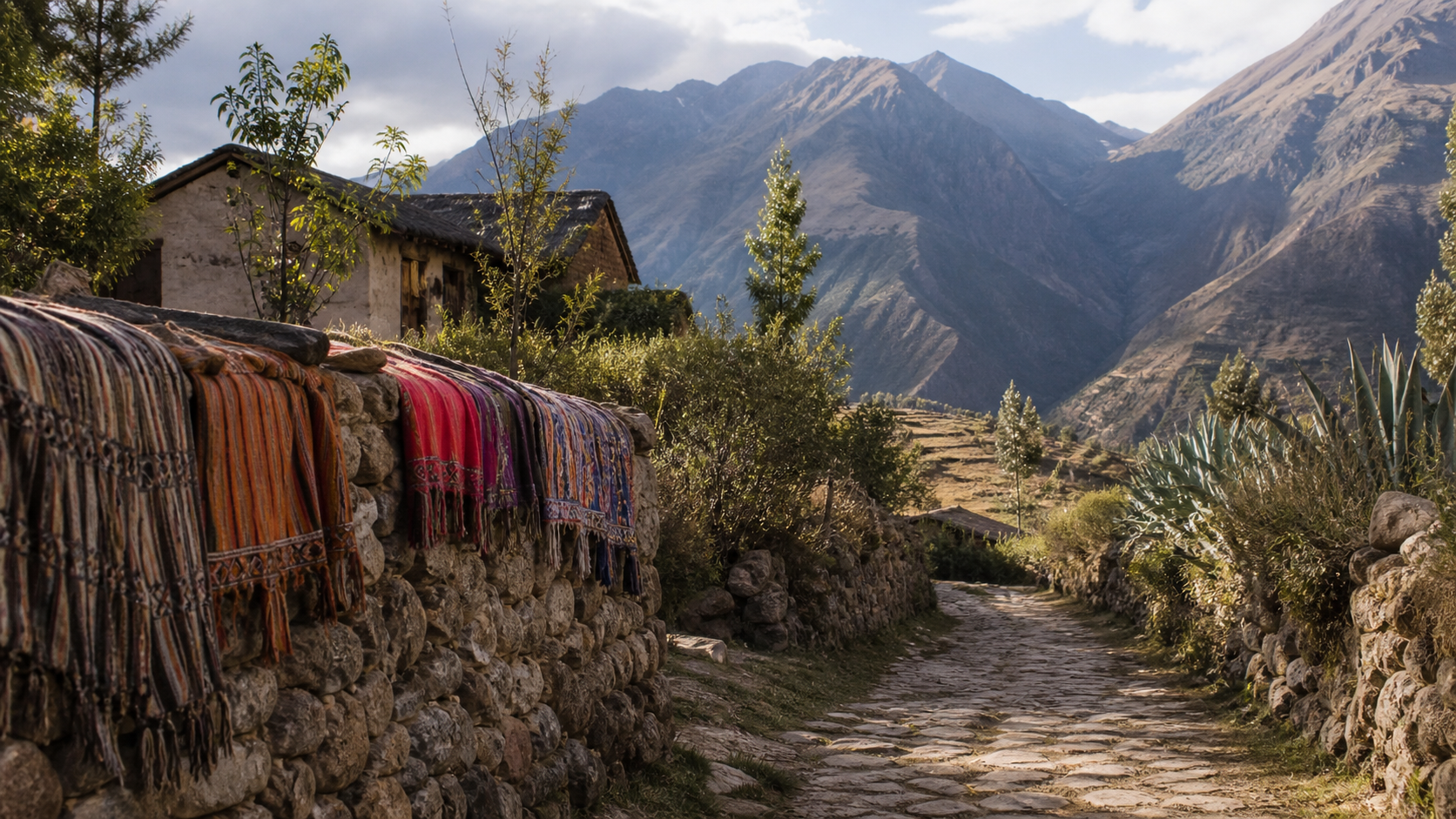 Andenlandschaft in Peru mit Steinweg, Hochtal, Grasflächen und fernen schneebedeckten Bergen mit ruhiger Stimmung im Beitrag.