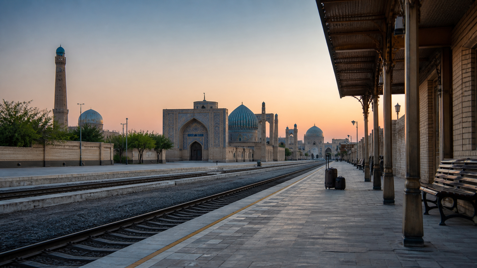blaue Kuppeln, Bahnsteig und historische Seidenstraßen-Architektur in Usbekistan mit Fokus auf Orientierung und ruhige Planung.