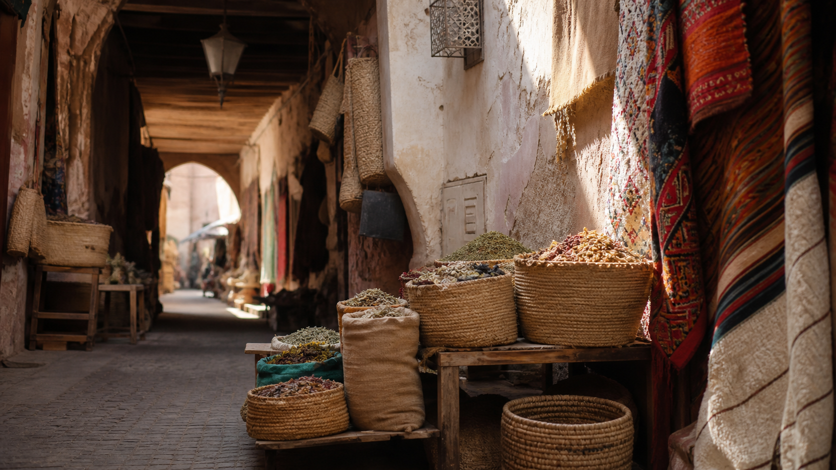 Marrakesch-Souk mit warmen Laternen, Gewürzen, Teppichen und alten Medina-Gassen mit ruhiger Stimmung im Beitrag.