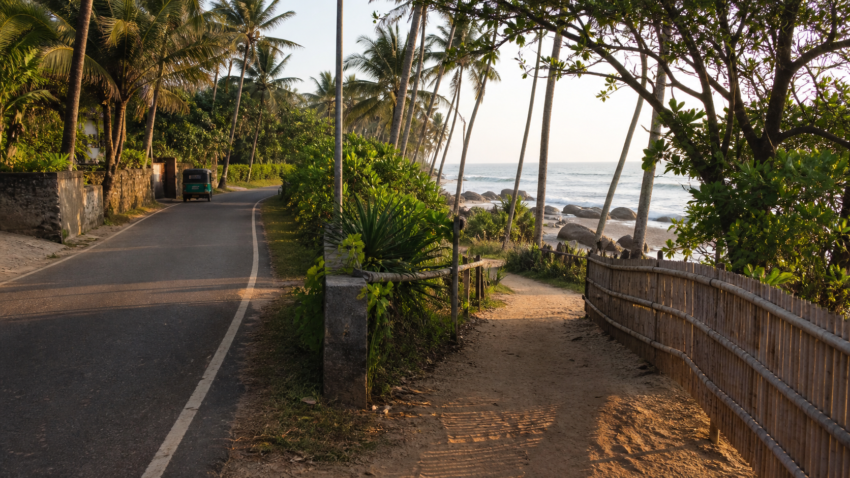Sri Lankas Südküste mit Palmen, Strandwegen, Tuk-Tuk und ruhigem Meer mit Fokus auf Orientierung und ruhige Planung.