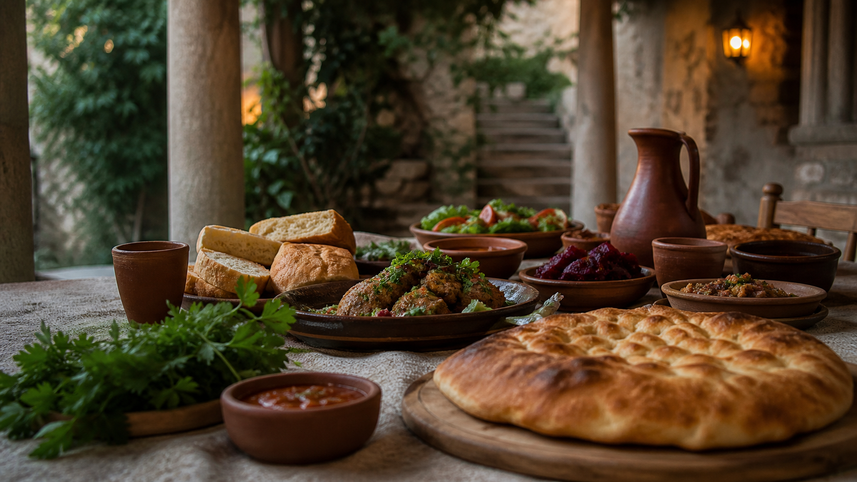 georgischer Tisch in einem Hof mit Khachapuri, Keramik, Kräutern und warmem Abendlicht mit ruhiger Stimmung im Beitrag.