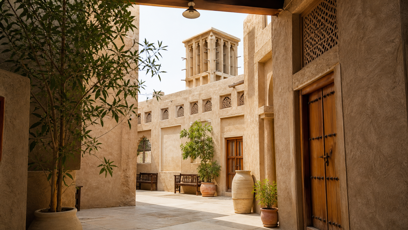 Al-Fahidi-Gasse in Dubai mit sandfarbenen Mauern, Windturm, Holztüren und weichem Morgenlicht mit ruhiger Stimmung im Beitrag.