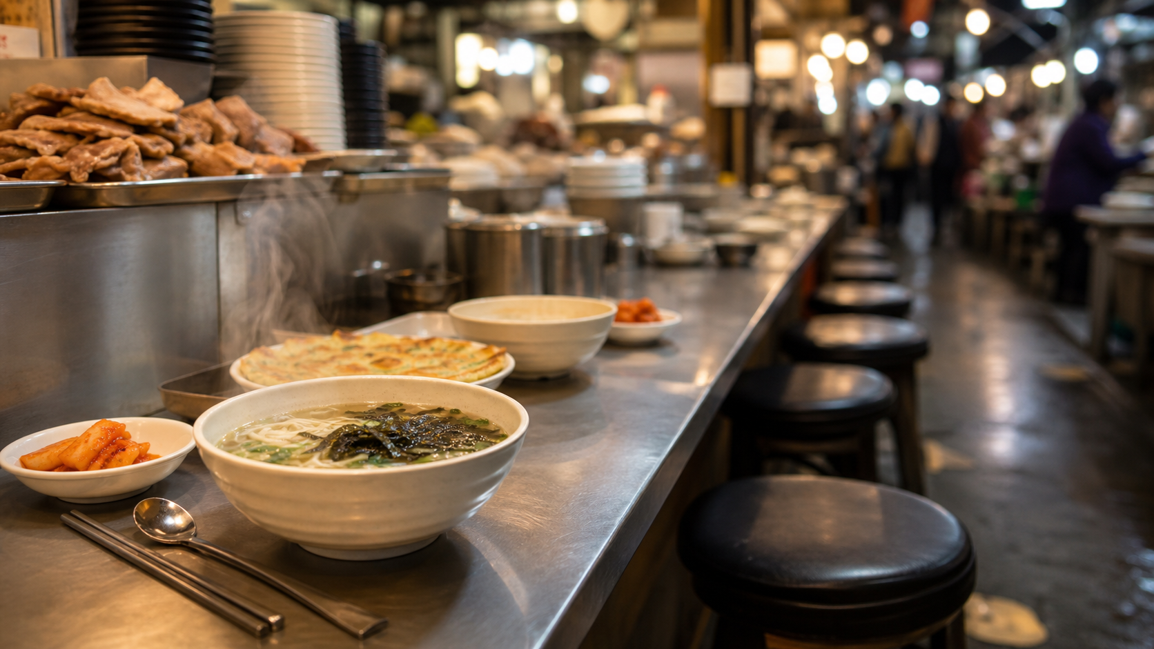 Seouler Marktstand mit dampfendem koreanischem Streetfood, kleinen Hockern und warmem Hallenlicht mit ruhiger Stimmung im Beitrag.