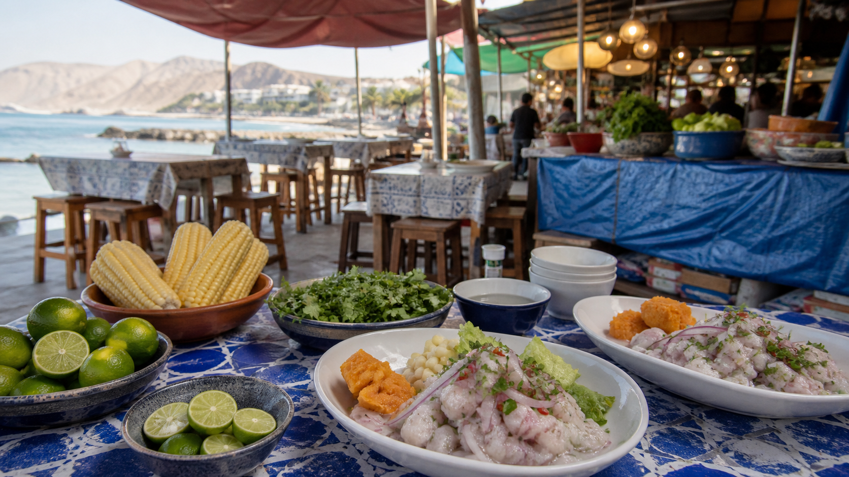 Lima-Markt mit Ceviche, Limetten, Mais, Kräutern und hellem Küstenlicht mit ruhiger Stimmung im Beitrag.