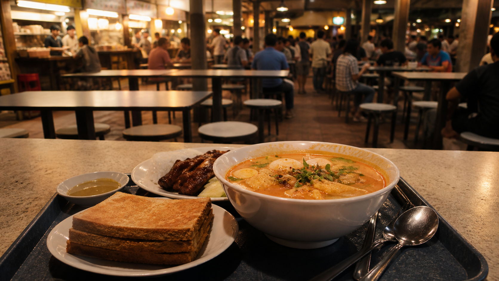 Singapurer Hawker Centre mit Food-Tablett, Laksa, Kaya Toast, Reisgericht und warmem Abendlicht mit ruhiger Stimmung im Beitrag.