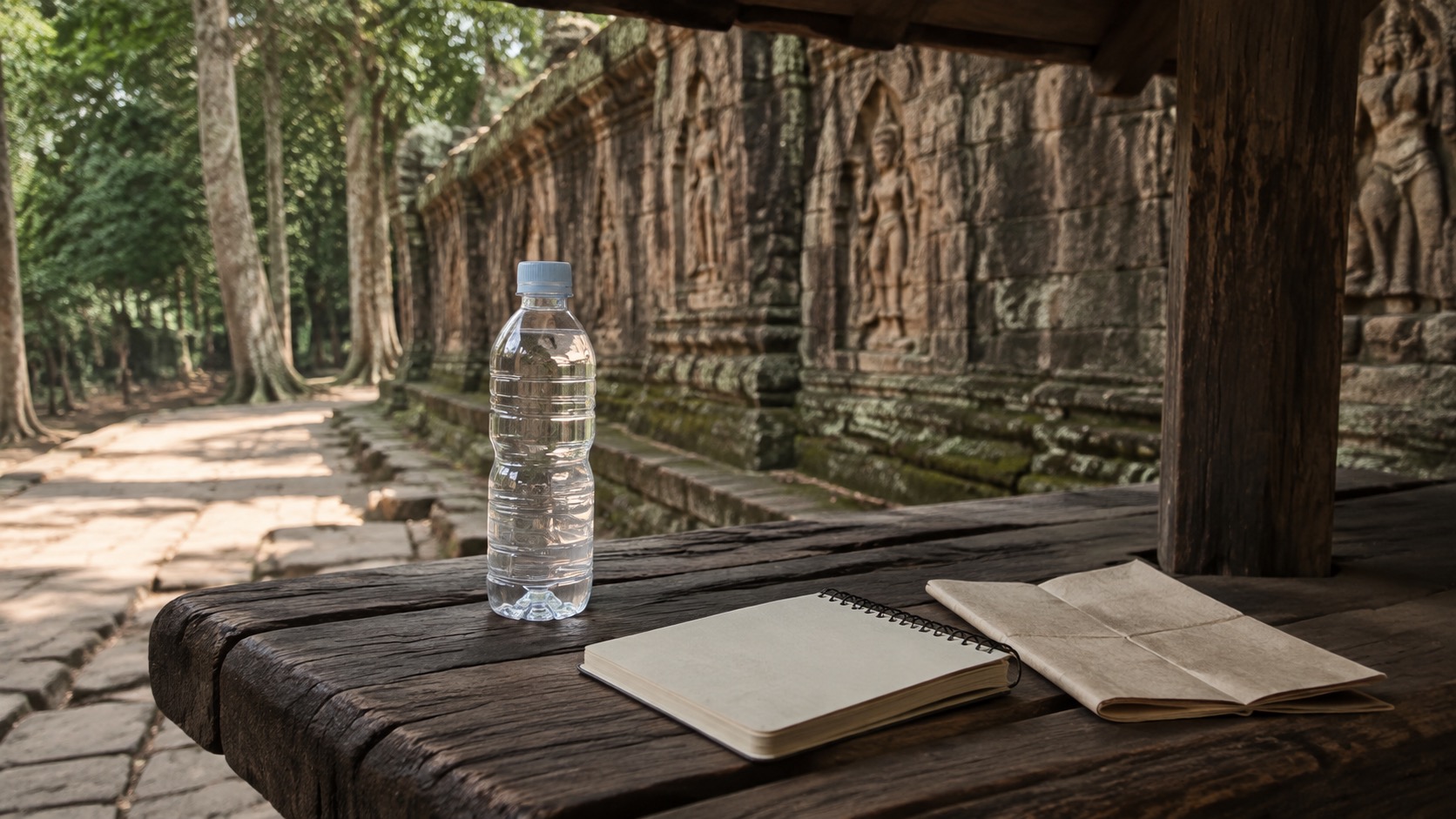 Schattiger Rastplatz bei Angkor mit Wasserflasche, leerem Notizbuch und Sandsteinreliefs
