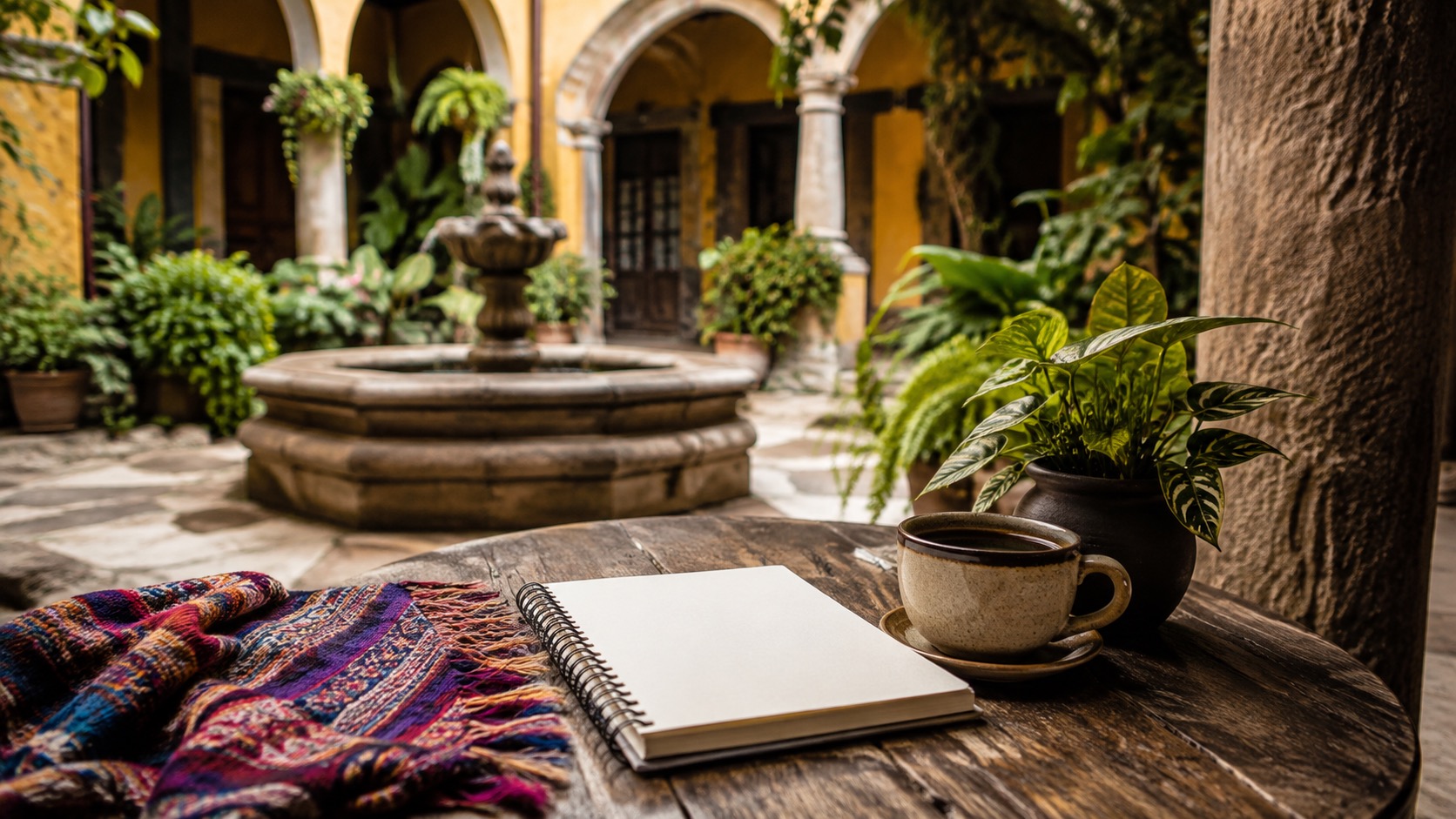 Kolonialer Innenhof in Antigua Guatemala mit Kaffee, leerem Notizbuch und Pflanzen