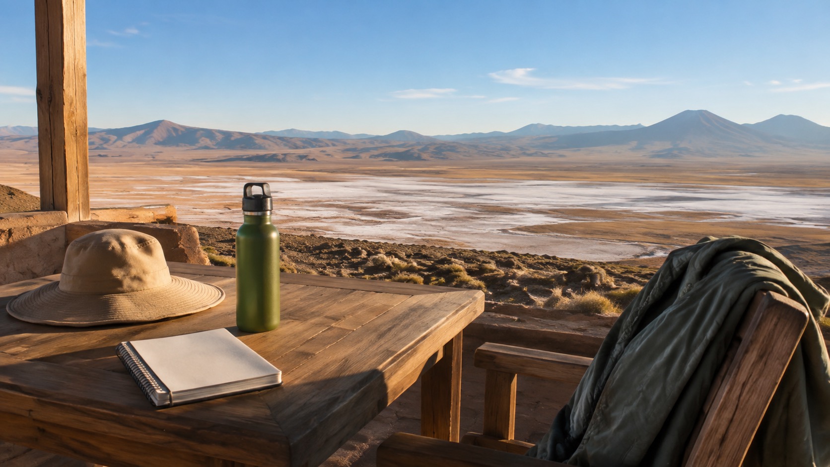 Terrasse in der Atacama mit Wasserflasche, Sonnenhut, Jacke und leerem Notizbuch