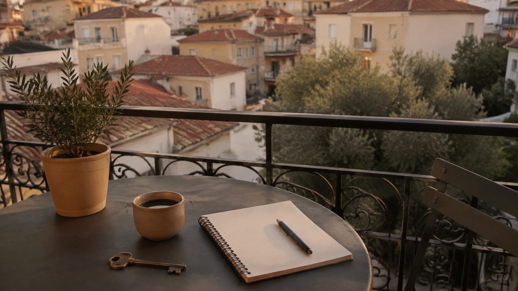 Athen Balkon mit leerem Notizbuch, Schlüssel, Kaffee und Blick auf Wohnviertel