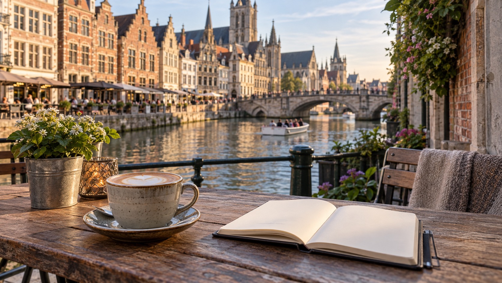 Gent Kanal mit Kaffee, leerem Notizbuch und Altstadtfassaden im Hintergrund