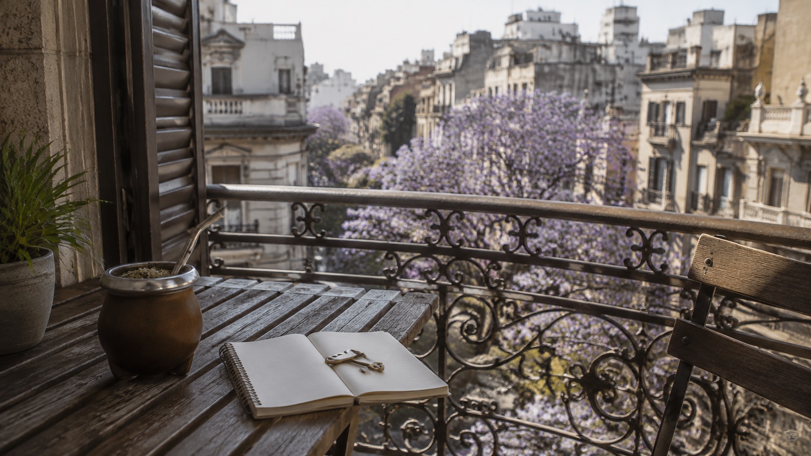 Buenos-Aires-Balkon mit Mate, leerem Notizbuch, Schlüssel und Jacaranda-Bäumen