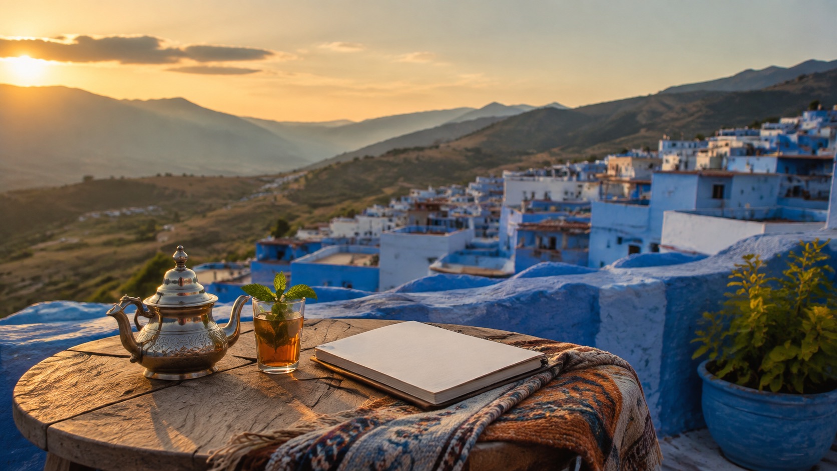 Dachterrasse in Chefchaouen mit Minztee, leerem Notizbuch und Blick auf blaue Dächer
