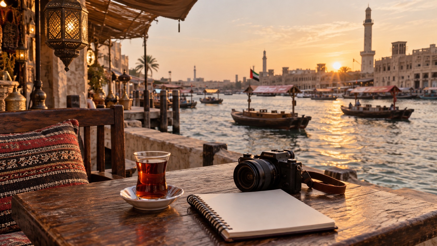 Dubai Creek Ufer mit Tee, leerem Notizbuch und Abra-Booten im Hintergrund