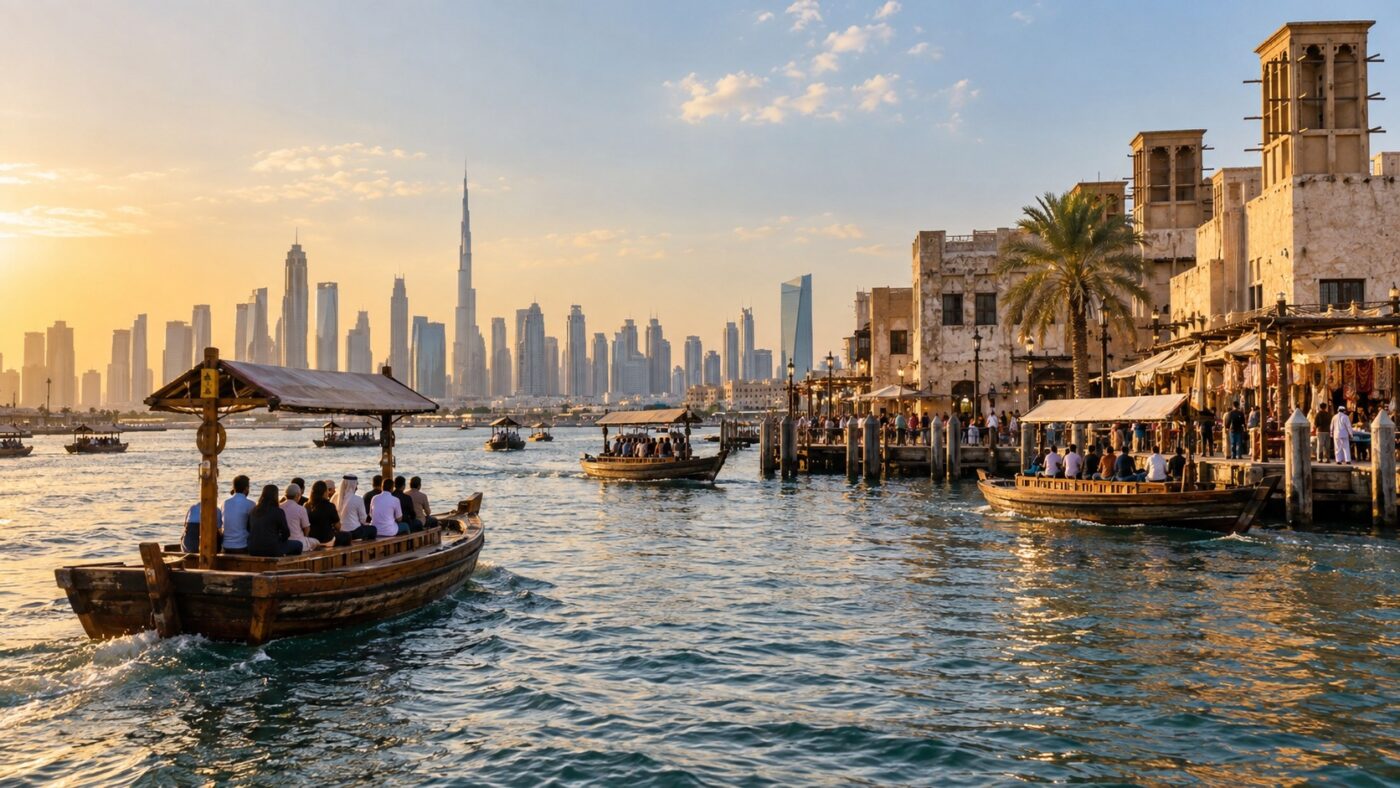 Dubai Creek mit traditioneller Abra, Souk-Ufer und moderner Skyline in der Ferne