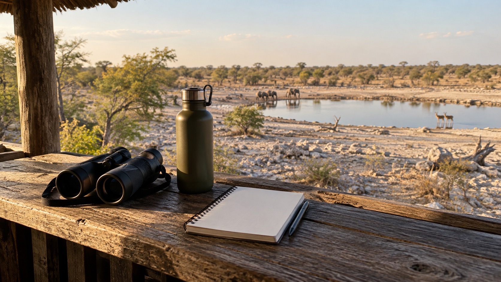 Etosha Beobachtungsplatz mit Fernglas, Wasserflasche und leerem Notizbuch am Wasserloch