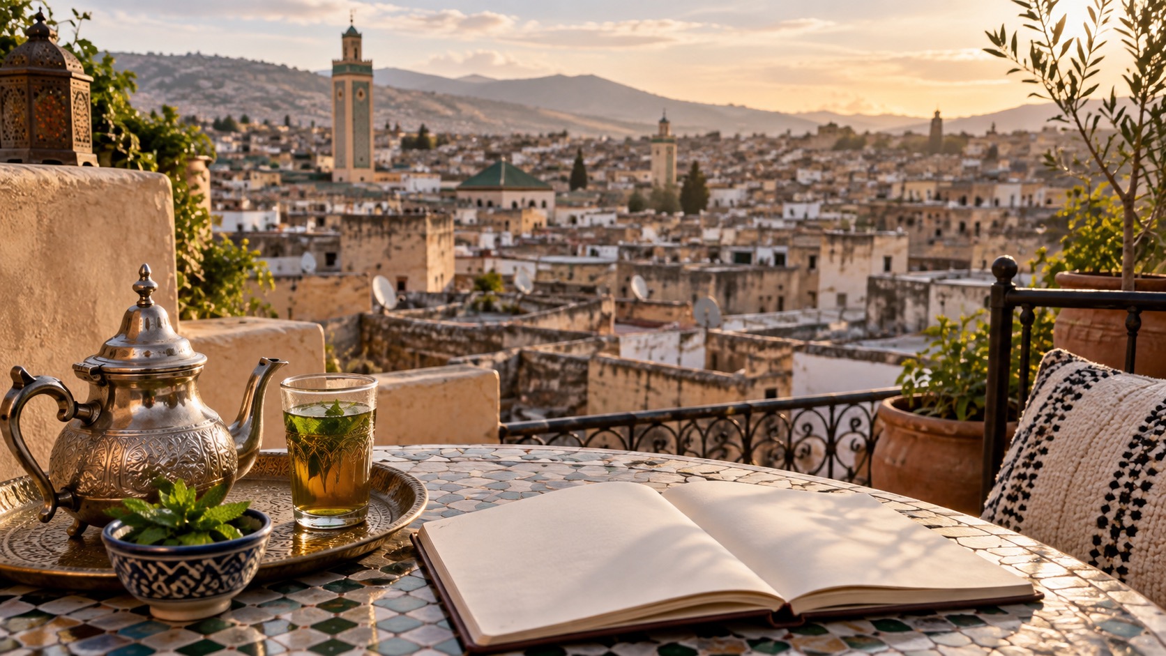 Dachterrasse über der Fès Medina mit Tee, leerem Notizbuch und Blick auf Gassen
