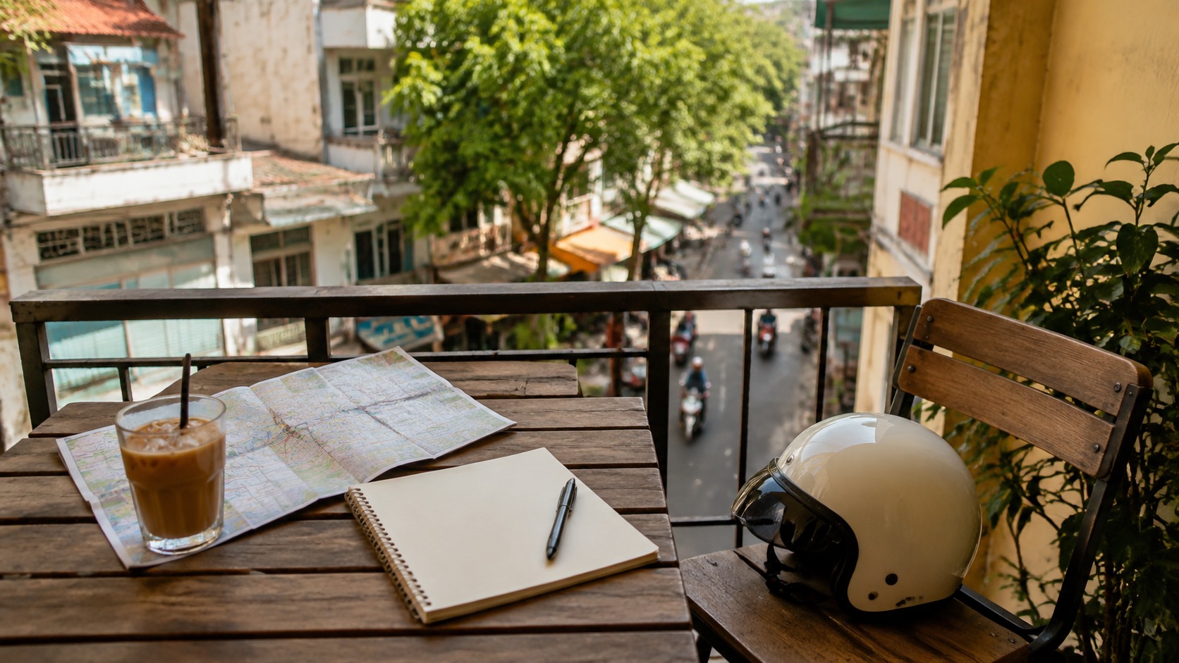 Cafébalkon in Ho-Chi-Minh-Stadt mit Helm, Kaffee und leerem Notizbuch