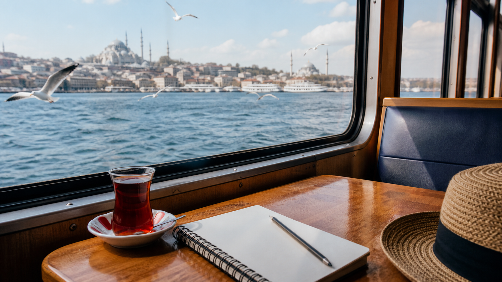 Leeres Notizbuch und Tee liegen an einem Fensterplatz auf einer Fähre mit Blick auf Istanbul und den Bosporus