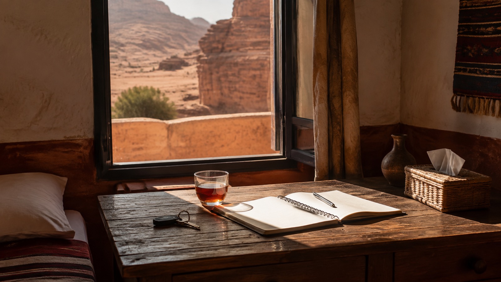 Schlichter Reisetisch in Jordanien mit Notizbuch, Tee und Blick in die Wüste