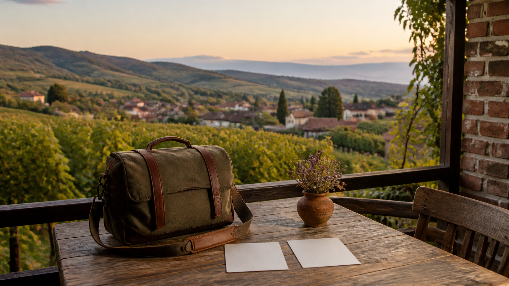 Zwei leere Karten und eine Reisetasche liegen auf einem Holztisch vor Weinbergen in Kachetien