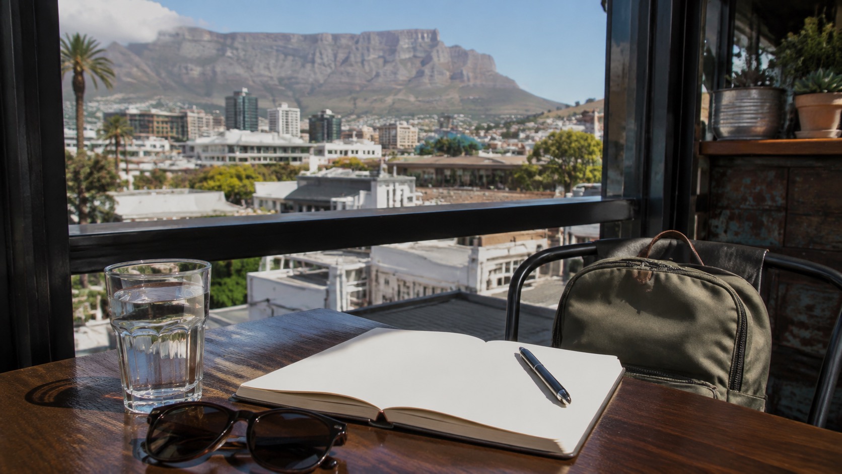 Kapstadt Caféterrasse mit leerem Notizbuch, Wasser, Sonnenbrille und Blick zum Tafelberg