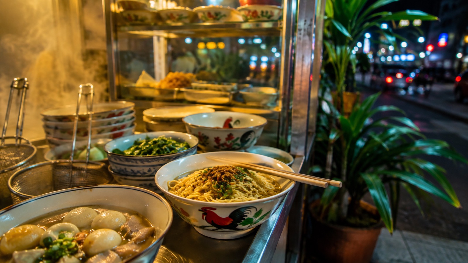 Streetfood-Tisch in Kuala Lumpur als ruhige Einstiegshilfe für Hawker Food
