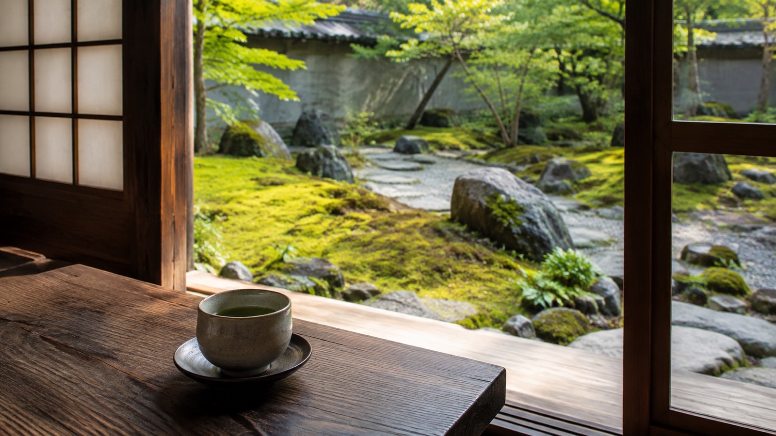 Ruhiger Wartebereich an einem Kyoto-Tempelgarten mit Teeschale und Holzbank