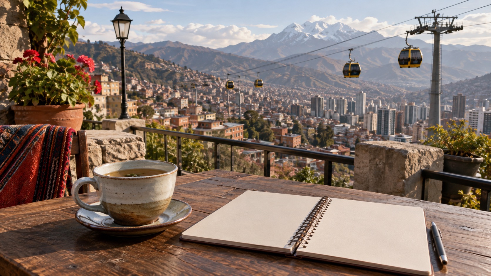 La Paz Aussichtsterrasse mit Tee, leerem Notizbuch und Seilbahn über der Stadt