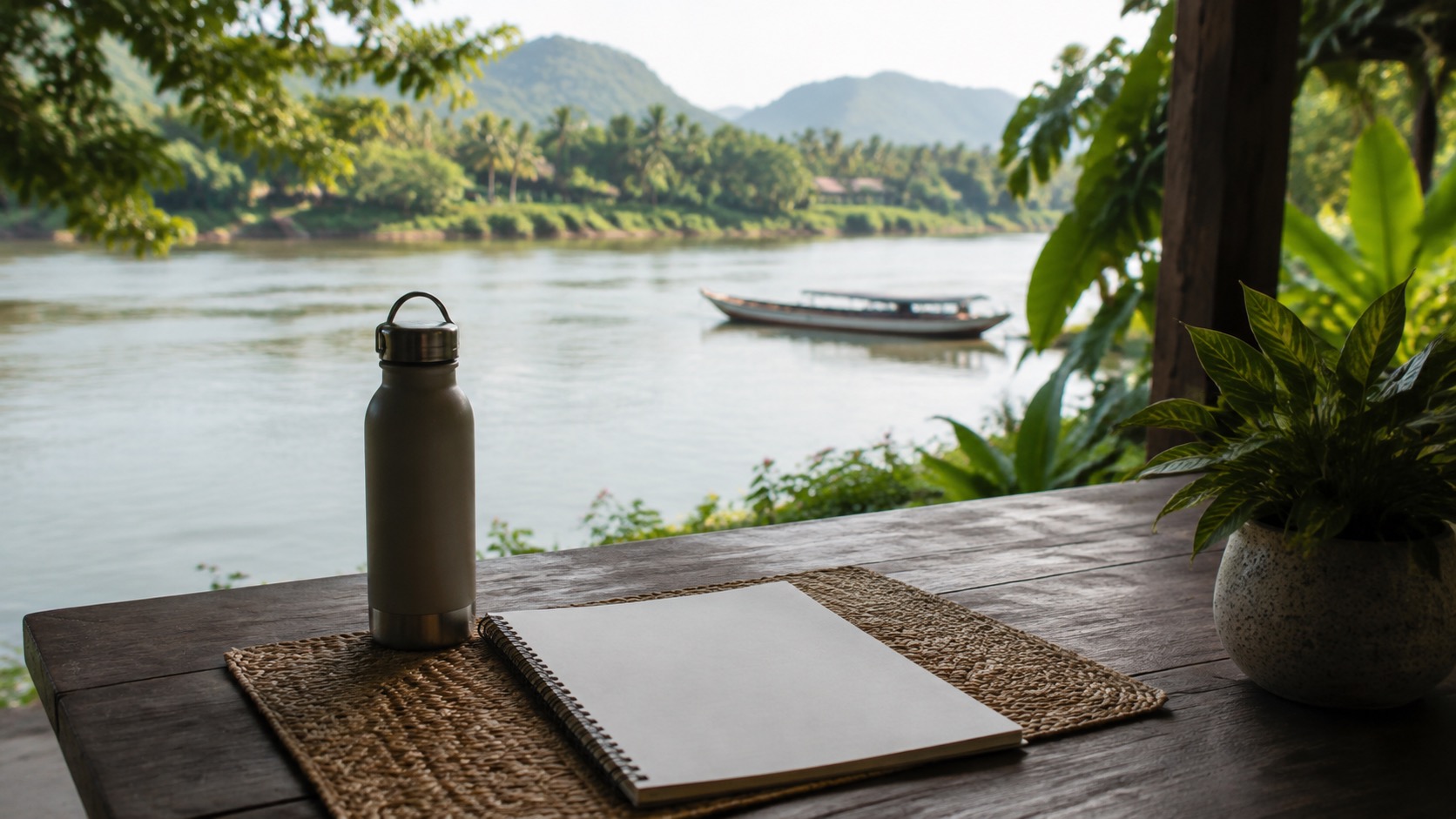 Mekong-Ufer in Luang Prabang mit Wasserflasche, leerem Notizbuch und Boot im Hintergrund