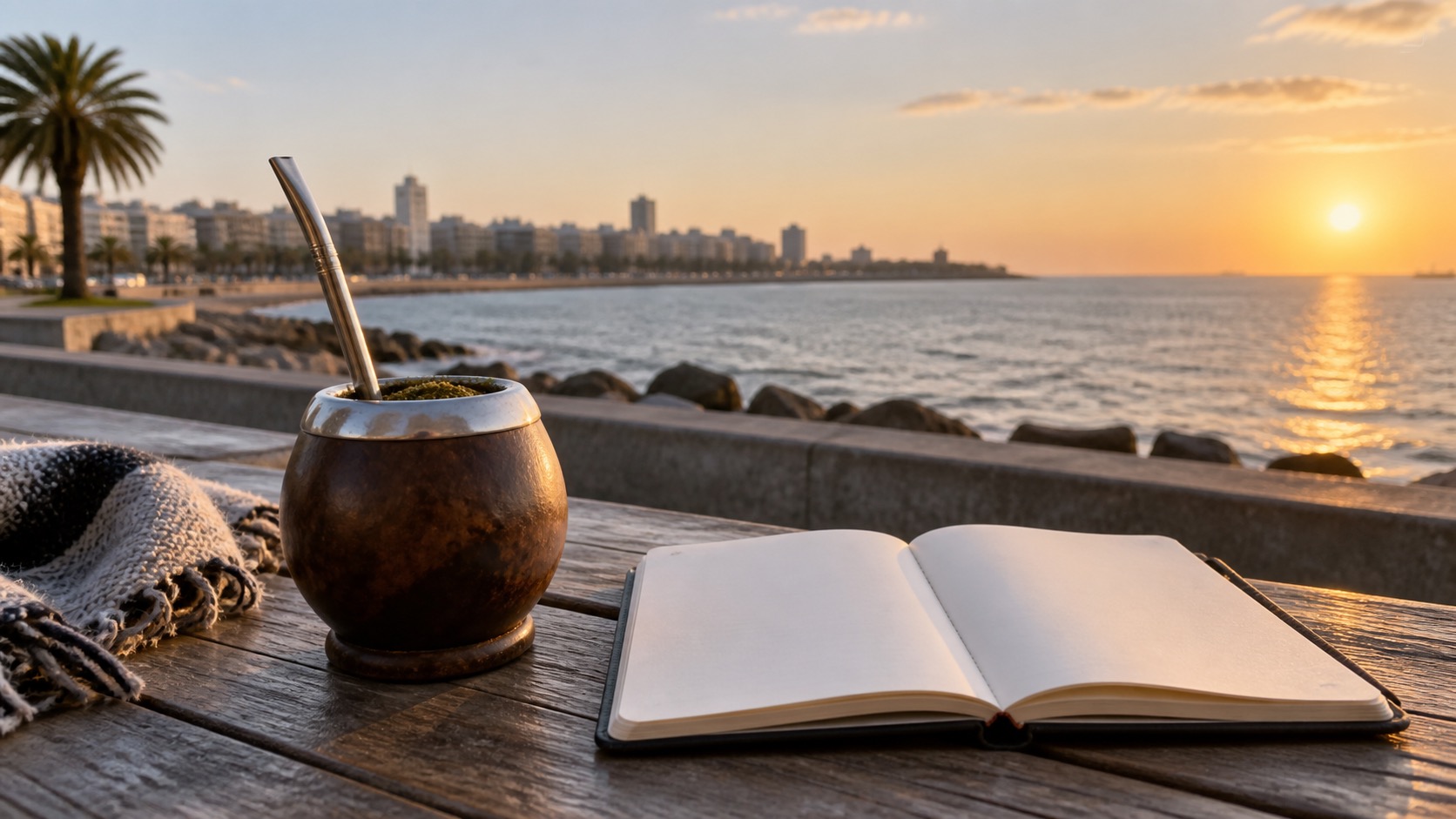 Montevideo Rambla mit Mate, leerem Notizbuch und Blick aufs Wasser