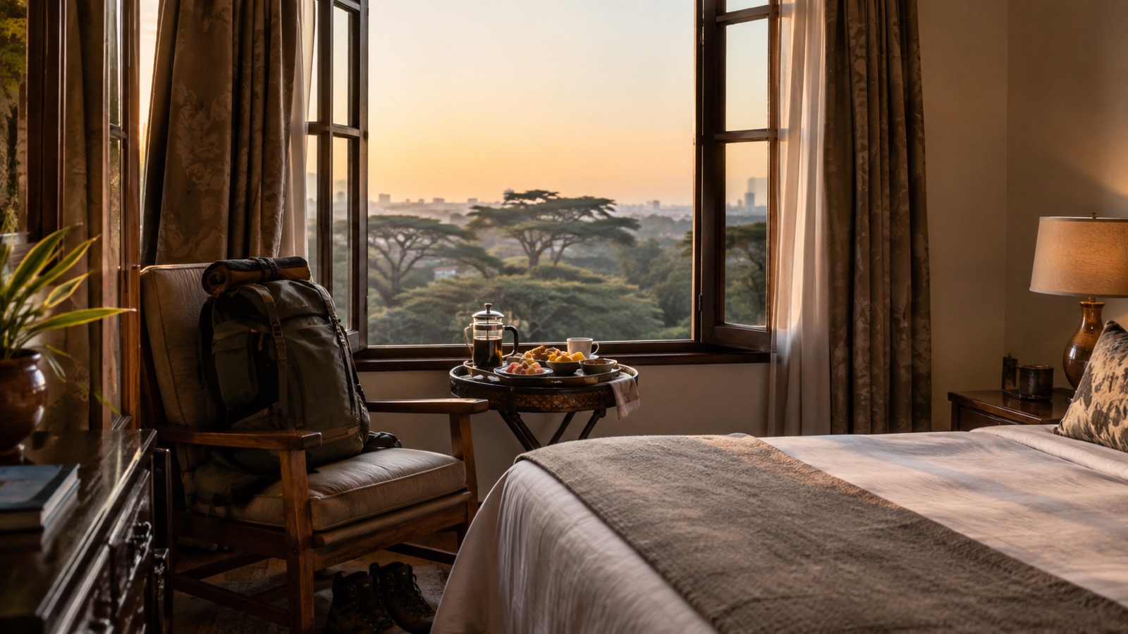 Nairobi-Lodge mit Frühstückstisch als Bild für eine entspannte Nacht vor der Safari