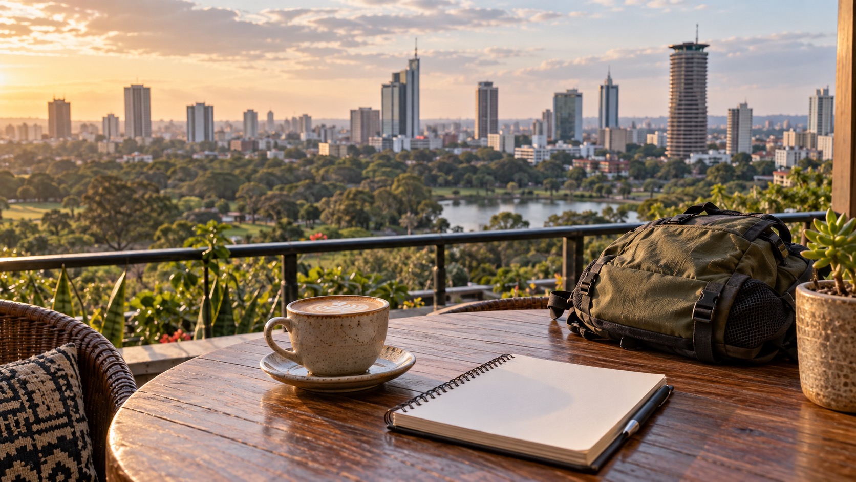Nairobi Aussichtspunkt mit Kaffee, leerem Notizbuch und Blick Richtung Nationalpark