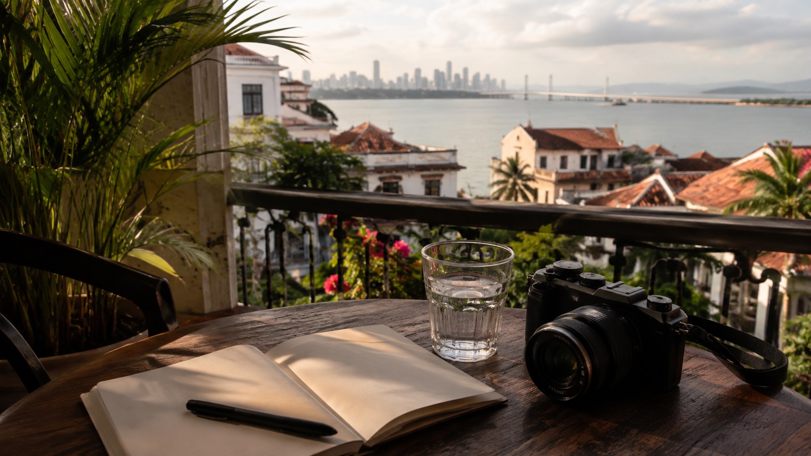Casco-Viejo-Balkon in Panama City mit leerem Notizbuch, Kamera und Blick auf die Bucht