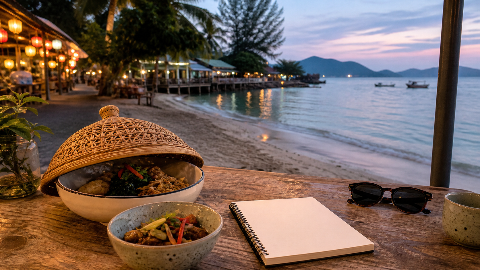 Schale mit Essen, Sonnenbrille und leeres Notizbuch stehen an einem tropischen Strandcafé in Malaysia