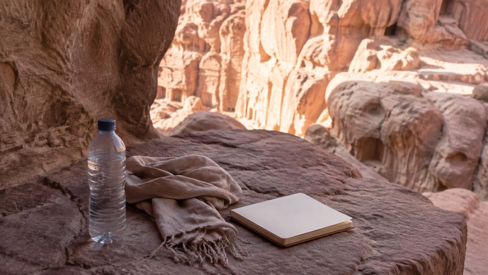 Schattiger Rastplatz in Petra mit Wasserflasche, Schal und leerem Notizbuch