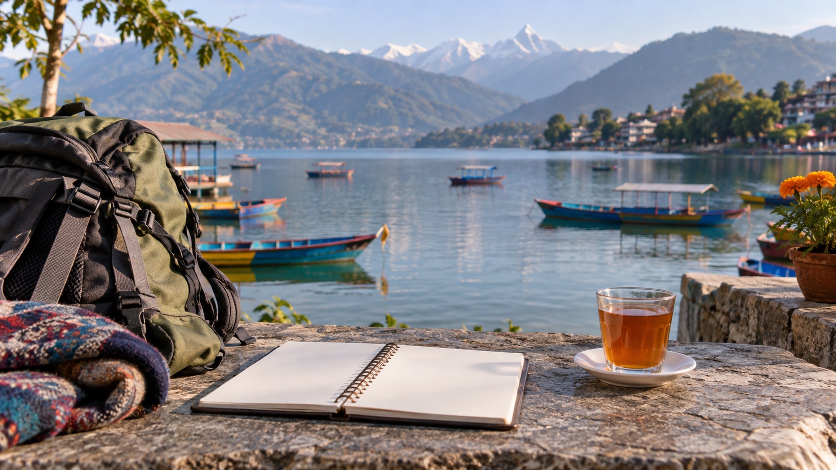 Phewa-See in Pokhara mit Tee, Rucksack und leerem Notizbuch am Ufer