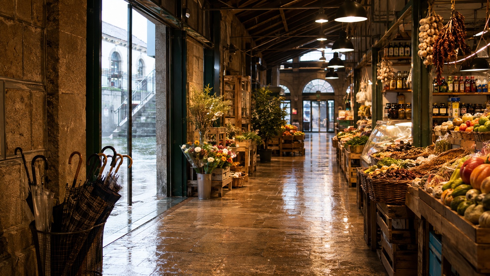 Überdachte Markthalle in Porto mit nassen Wegen und warmem Innenlicht