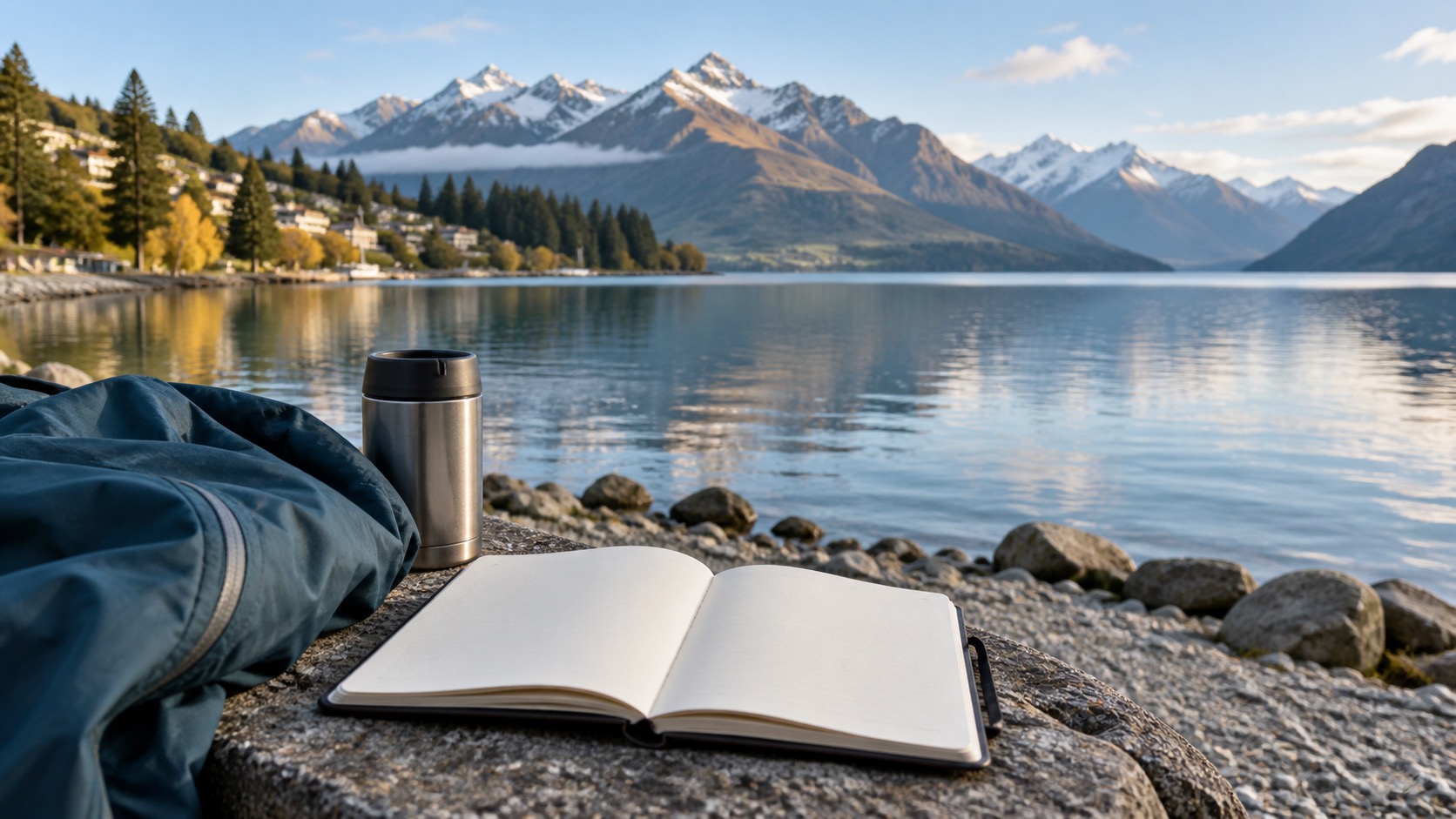 Lake Wakatipu Ufer mit leerem Notizbuch, Jacke und Bergen bei Queenstown