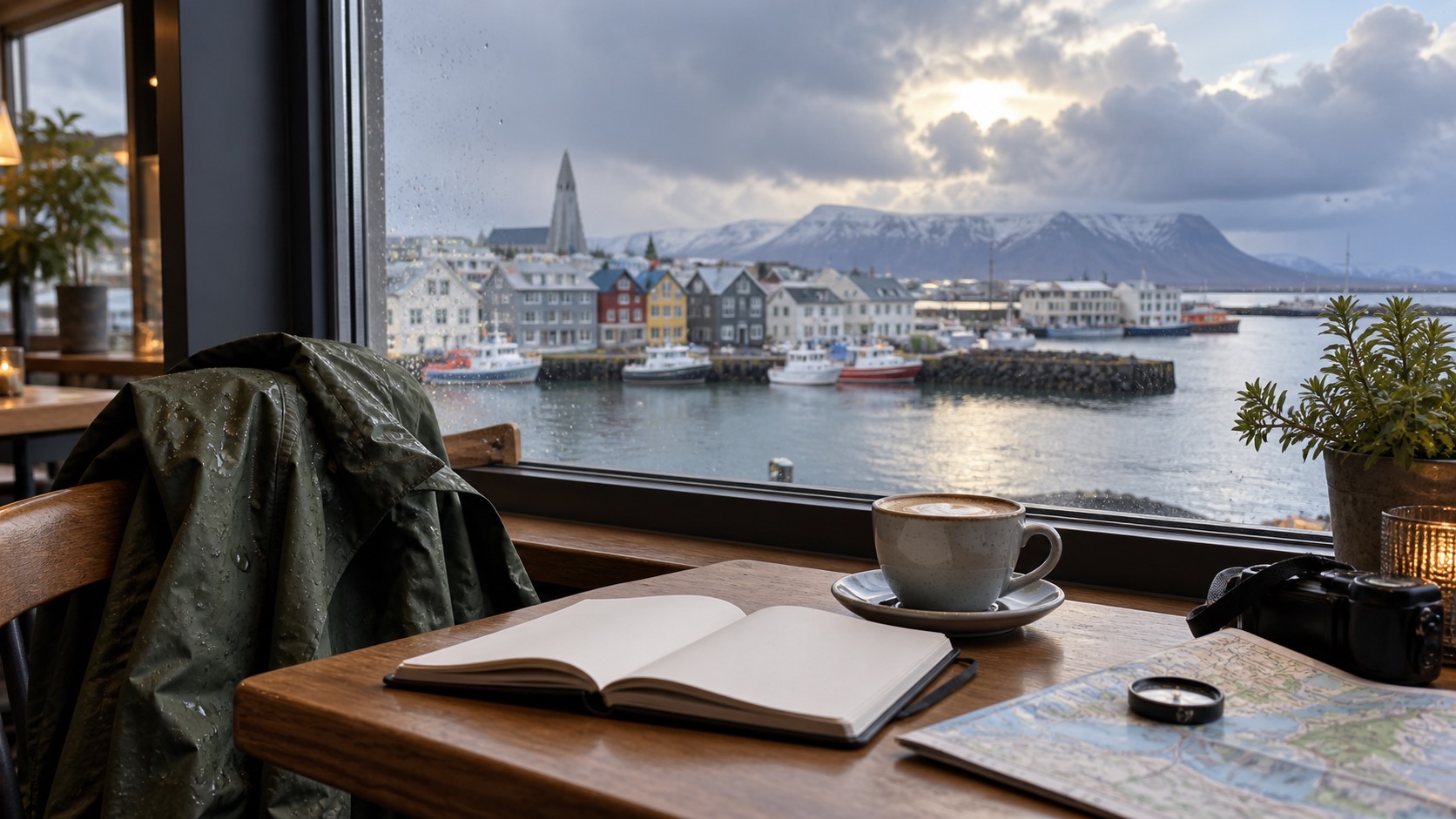 Reykjavík Caféfenster mit Regenjacke, leerem Notizbuch und Blick auf Hafenhäuser