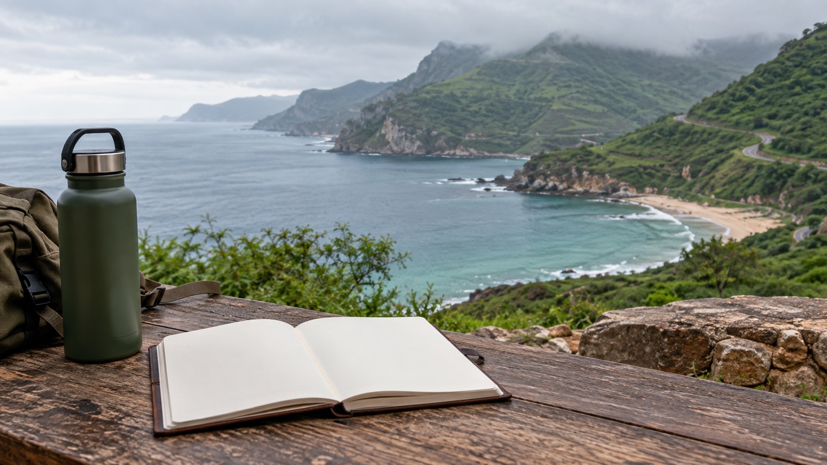 Salalah Küste mit leerem Notizbuch, Wasserflasche und grünen Hügeln im Hintergrund