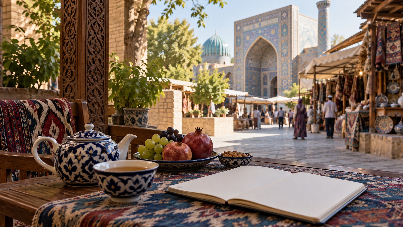 Samarkand Basar mit Tee, leerem Notizbuch und Mosaikarchitektur im Hintergrund