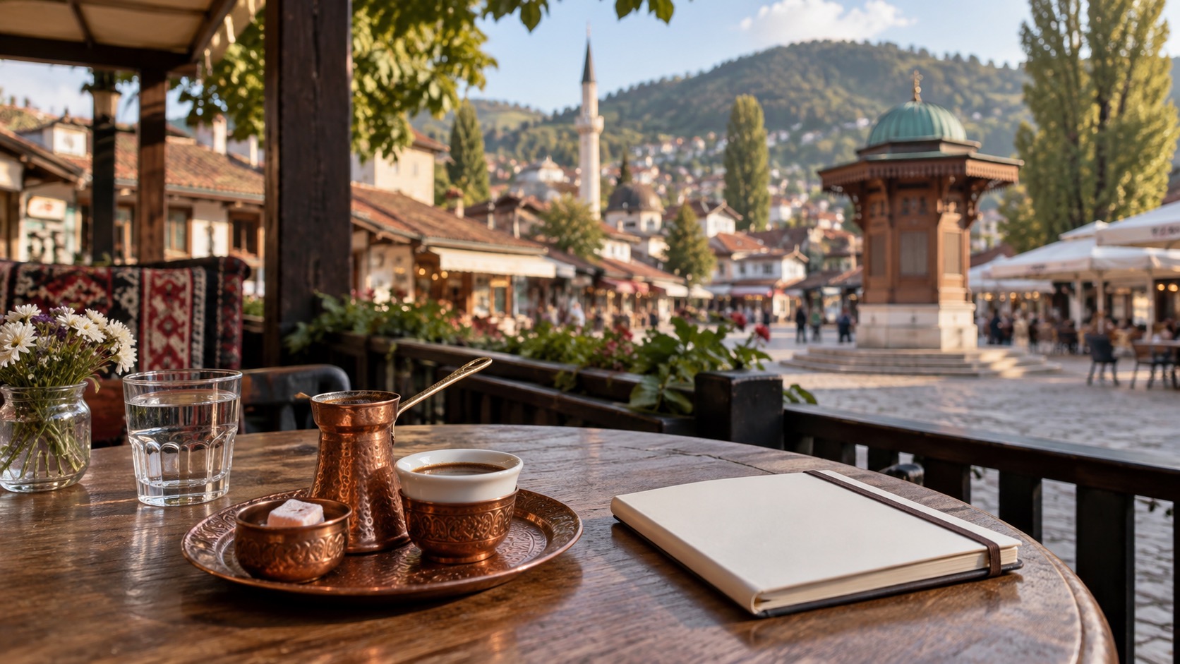 Bosnischer Kaffee auf einem Tisch in Sarajevo mit leerem Notizbuch und Altstadtblick