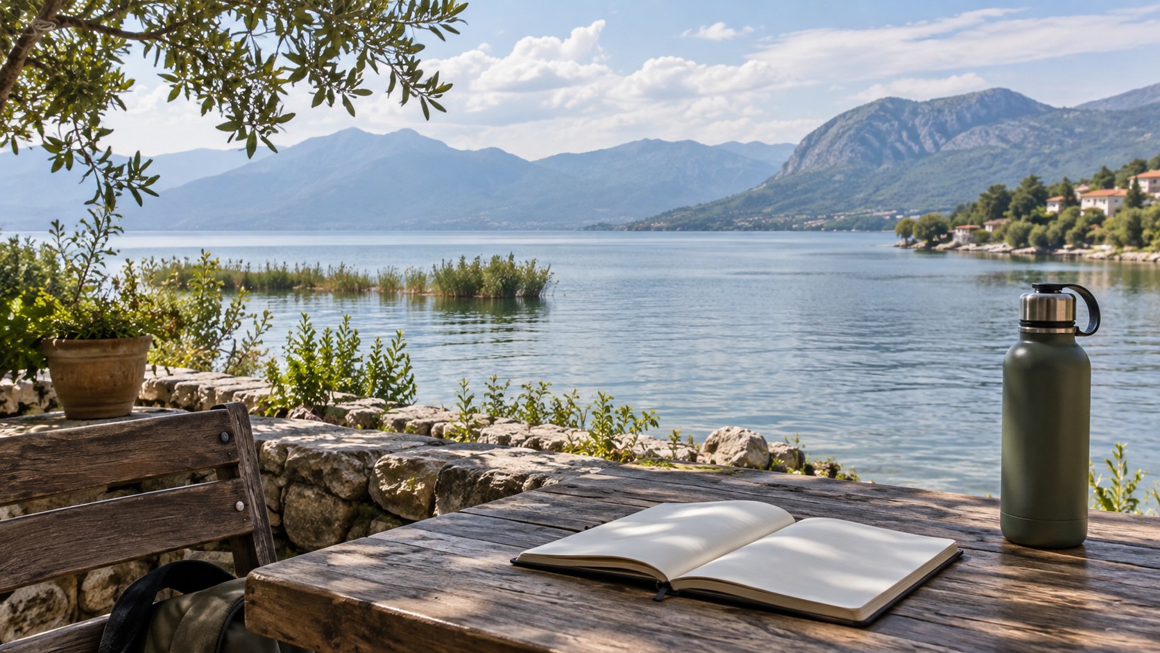 Ufer am Shkodër See mit leerem Notizbuch, Wasserflasche und Blick Richtung Berge