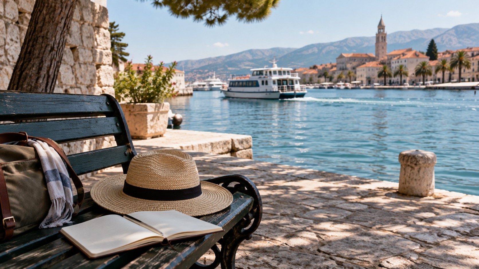 Kroatien Hafenbank in Split mit Fährblick, Sonnenhut und leerem Notizbuch