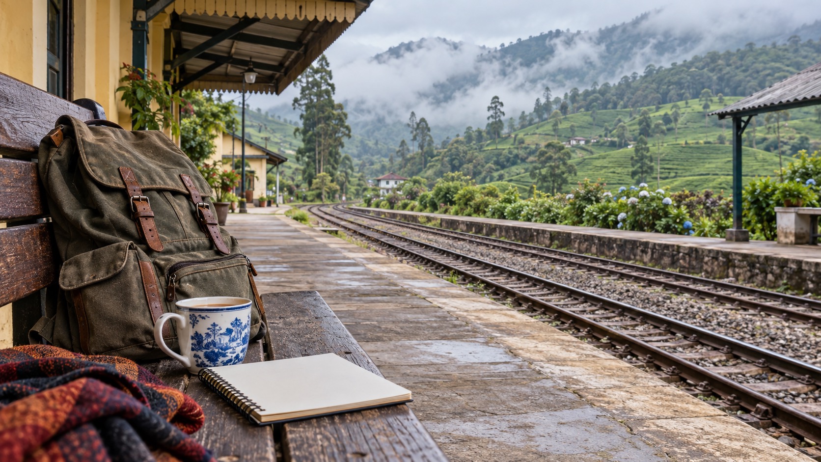 Kleiner Bahnhof im Hochland von Sri Lanka mit Rucksack, Tee und leerem Notizbuch