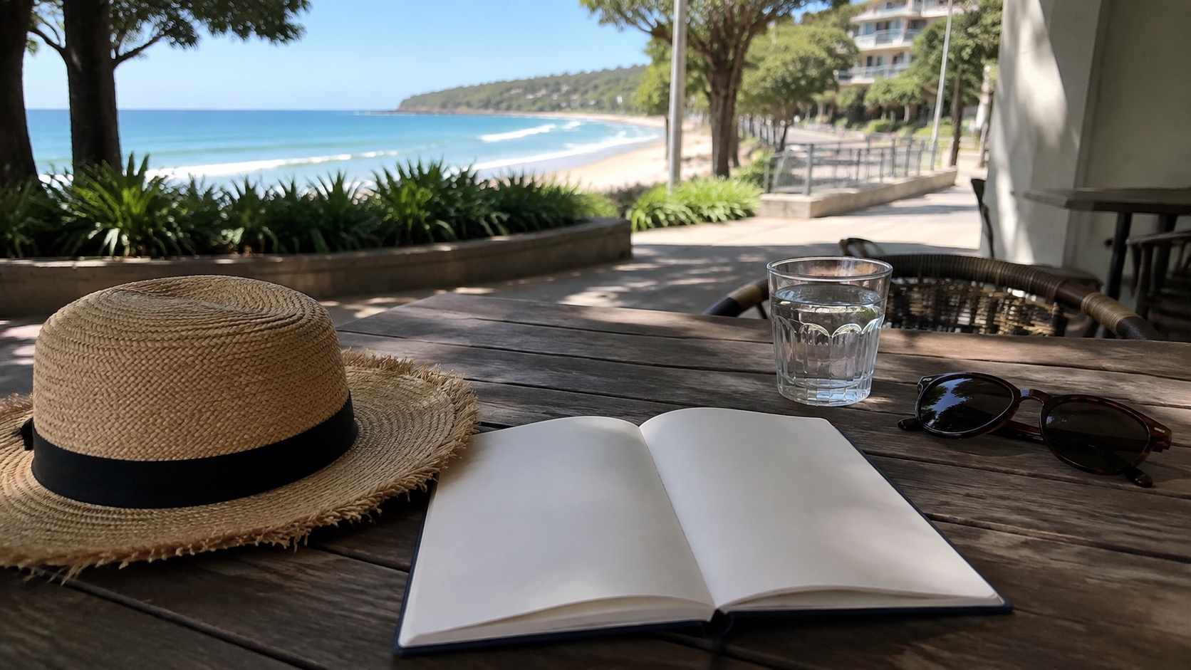 Sydney Küstencafé mit leerem Notizbuch, Sonnenhut, Wasser und Strandblick