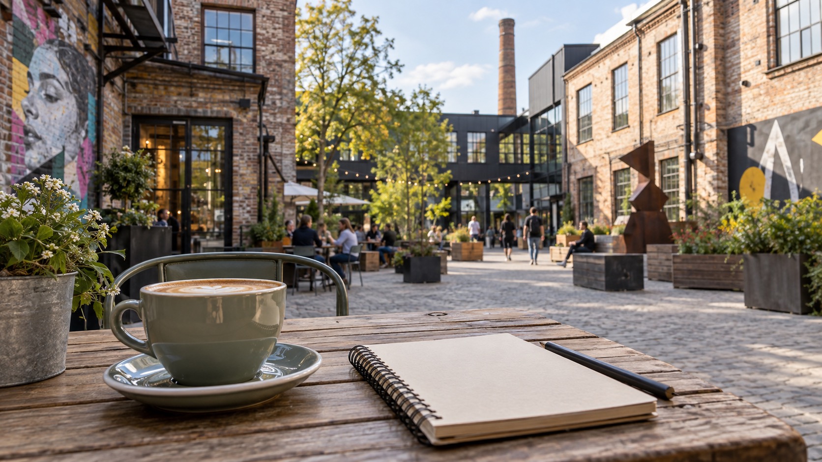 Telliskivi Kreativviertel in Tallinn mit Kaffee, leerem Notizbuch und Backsteinfassaden