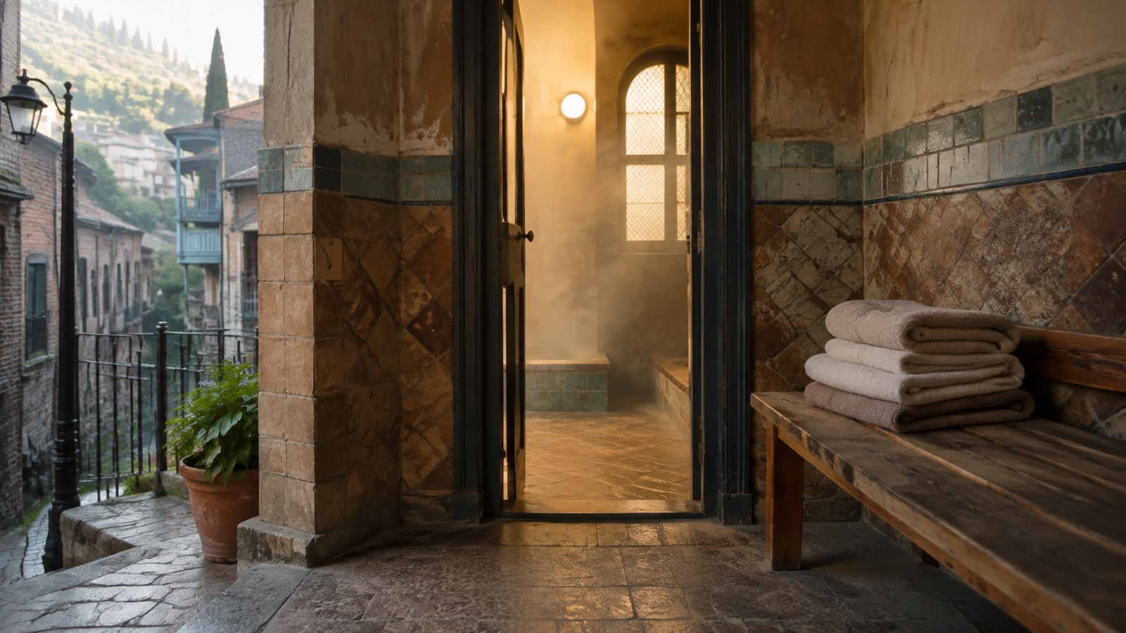 Eingang zu einem Tifliser Schwefelbad mit Handtüchern und ruhigem Morgenlicht